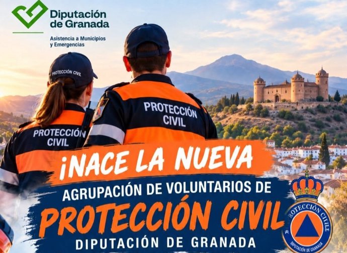 Cartel anunciador para la captación de voluntarios para la futura Agrupación de Protección Civil de la Diputación de Granada.