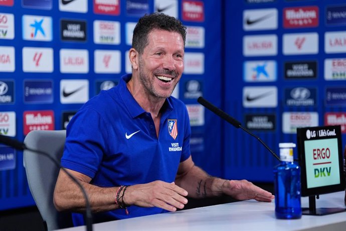 Diego Pablo Simeone, head coach of Atletico de Madrid, attends his press conference during a training session of Atletico de Madrid ahead the Spanish League, LaLiga EA Sports, match against Sevilla FC at Ciudad Deportiva Wanda Atletico de Madrid on August