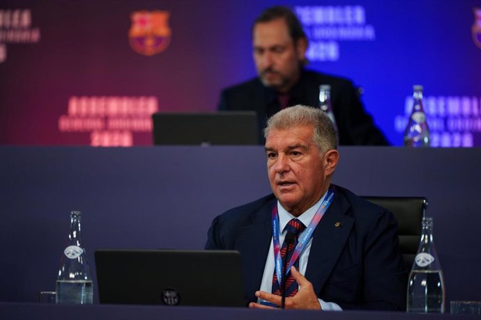 El presidente del FC Barcelona, Joan Laporta, en la Asamblea General Ordinaria 2026