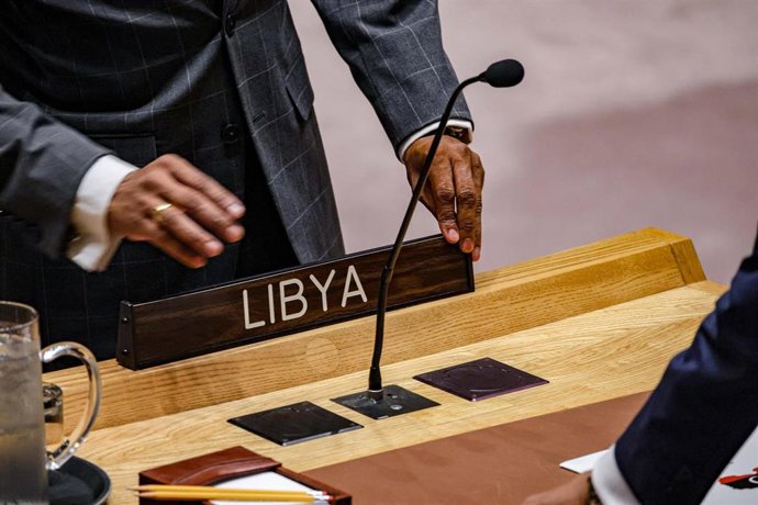 Archivo - Cartel de Libia en la ONU