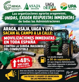 Cartel de las organizaciones profesionales agrarias para anunciar la próxima convocatoria de movilizaciones por el precio del gasóleo agrícola y los fertilizantes.