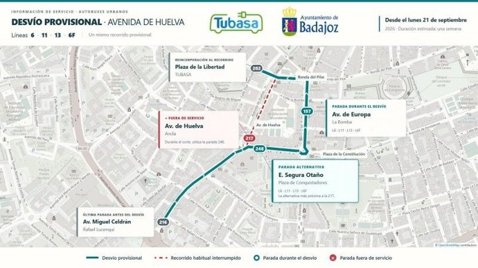 Desvío provisional de los autobuses urbanos de Badajoz por las obras en la avenida de Huelva, de aplicación desde el 21 de septiembre de 2026.