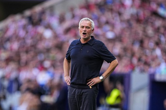 Jose Mourinho, head coach of Real Madrid CF, protests during the Spanish League, LaLiga EA Sports, football match played between Atletico de Madrid and Real Madrid CF at Riyadh Air Metropolitano stadium on September 20, 2026, in Madrid, Spain.