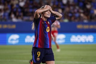 Claudia Pina of FC Barcelona laments during the Spanish Women league, Liga F, football match played between FC Barcelona and Atletico de Madrid at Johan Cruyff Stadium on September 12, 2026 in Sant Joan Despi, Barcelona.
