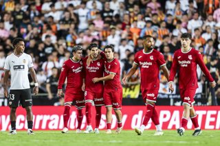 Carlos Soler of Real Sociedad celebrates a goal with teammates during the Spanish league, LaLiga EA Sports, football match played between Valencia CF and Real Sociedad at Mestalla stadium on September 20, 2026, in Valencia, Spain.