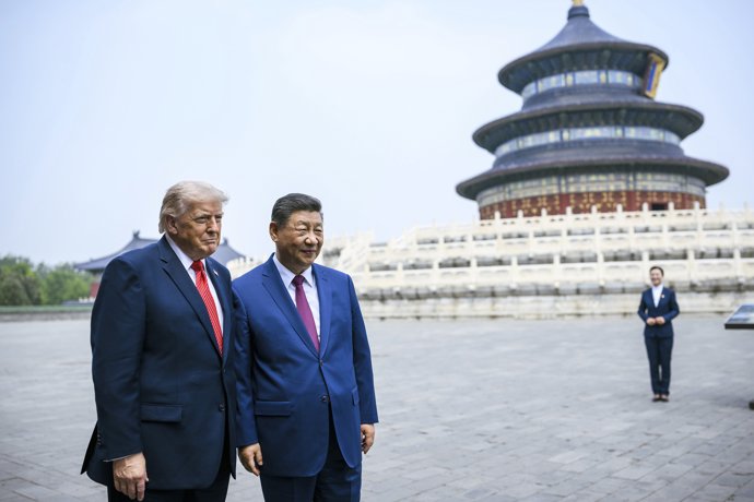 May 18, 2026, Beijing, China: Chinese President Xi Jinping, right, poses with U.S. President Donald Trump, during a tour of the Temple of Heaven, May 14, 2026 in Beijing, China.