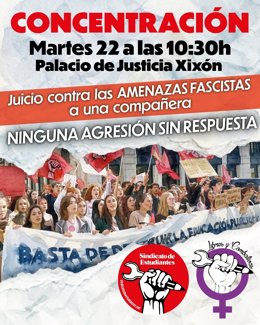 Cartel de convocatoria de una concentración, en Gijón, de apoyo a una miembro del Sindicato de Estudiantes y Libres y Combativas, bajo el lema 'Ninguna agresión sin respuesta'
