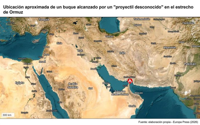 Archivo - Ubicación aproximada de un buque alcanzado por un "proyectil desconocido" en el estrecho de Ormuz