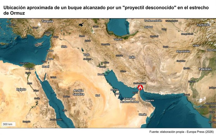 Archivo - Arquivo - Localização aproximada de um navio atingido por um “projétil desconhecido” no Estreito de Ormuz