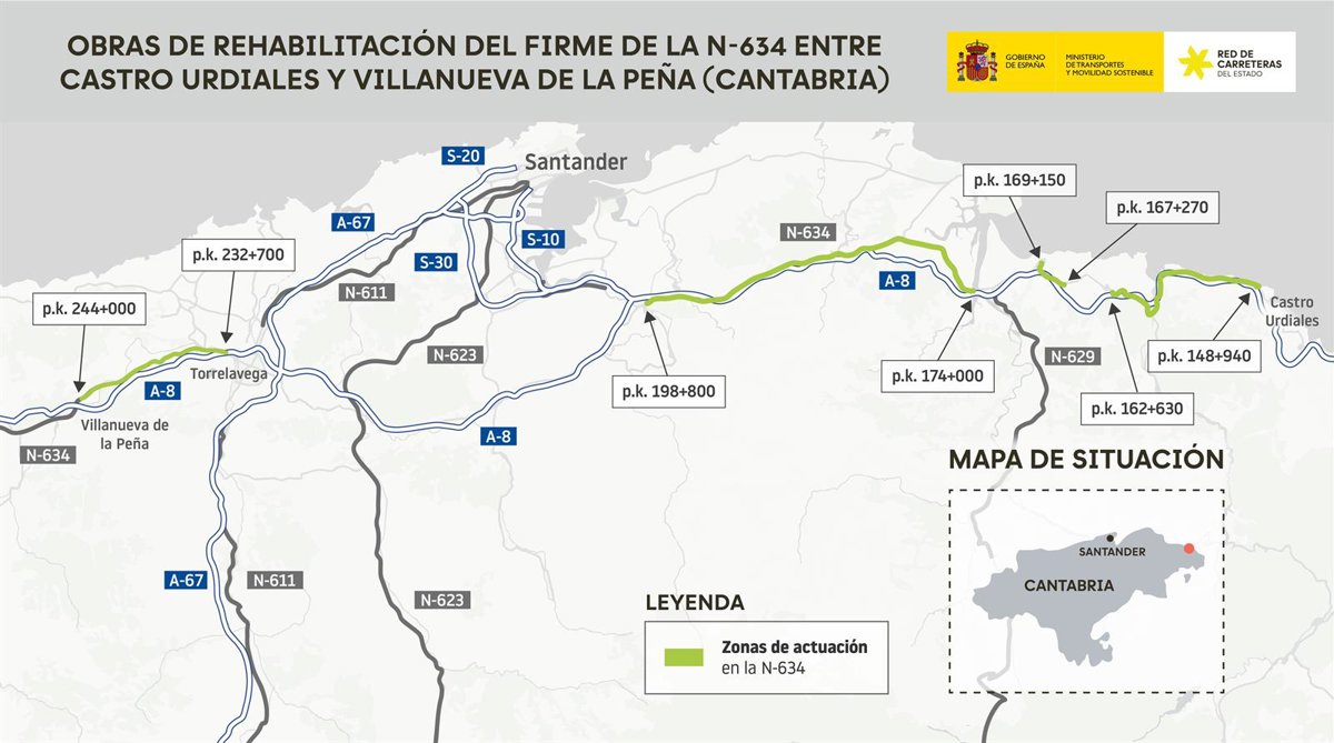 Transportes licita por 11,9 millones la rehabilitación del firme en la N-634 entre Castro y Villanueva de la Peña