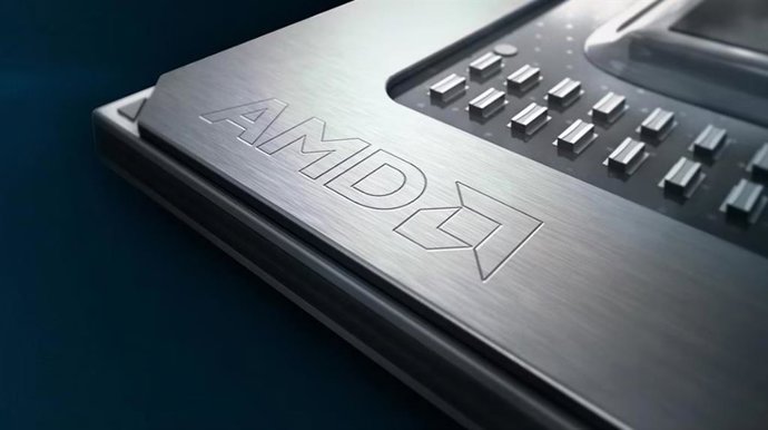 Archivo - Recurso de logotipo de AMD en un chip
