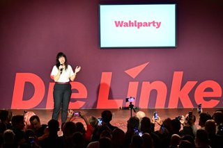 20 September 2026, Berlin: Elif Eralp, the party's top candidate and deputy chair of the Left parliamentary caucus, addresses supporters and party members at an election party held by Berlin's Die Linke at the Festsaal Kreuzberg. Photo: Sebastian Gollnow/