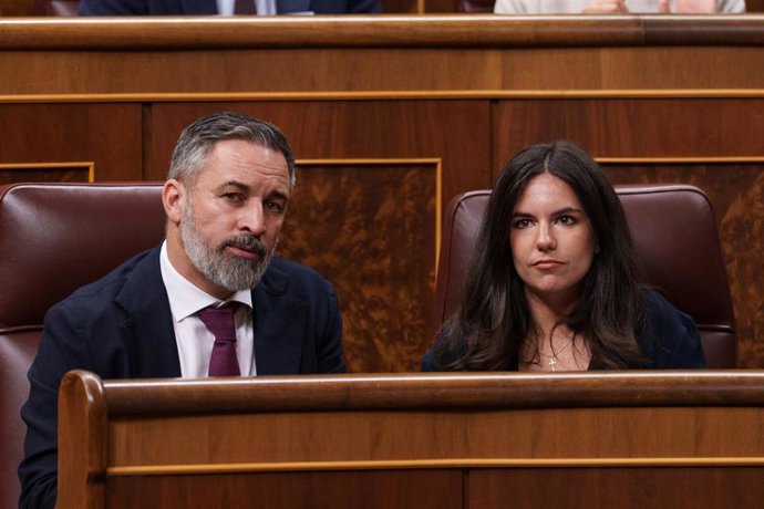 Archivo - El presidente de Vox, Santiago Abascal y la portavoz de Vox en el Congreso, Pepa Millán, durante una sesión plenaria en el Congreso 