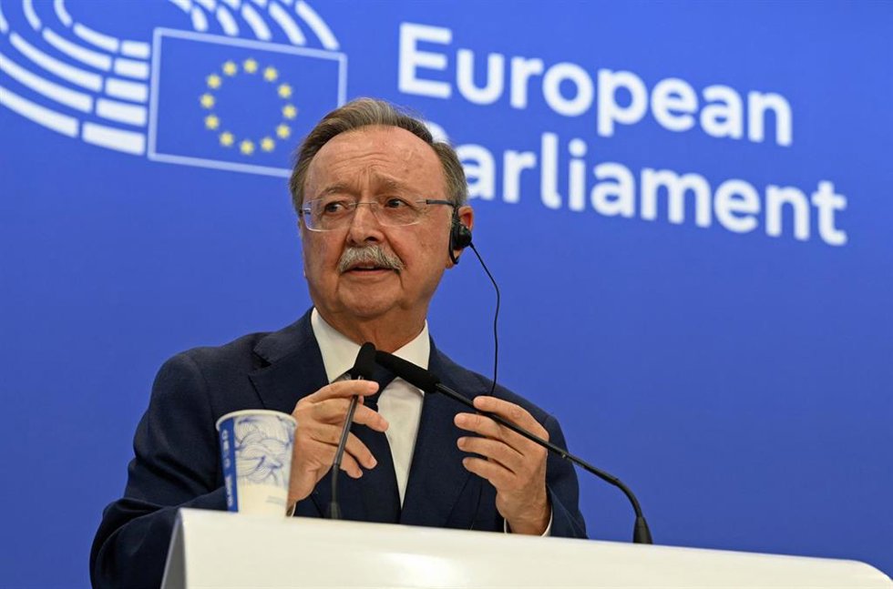 08 September 2026, Belgium, Brussels: Juan Jesús Vivas, regional president of Ceuta, speaks at a press conference at the European Parliament about the situation in the Spanish exclave.