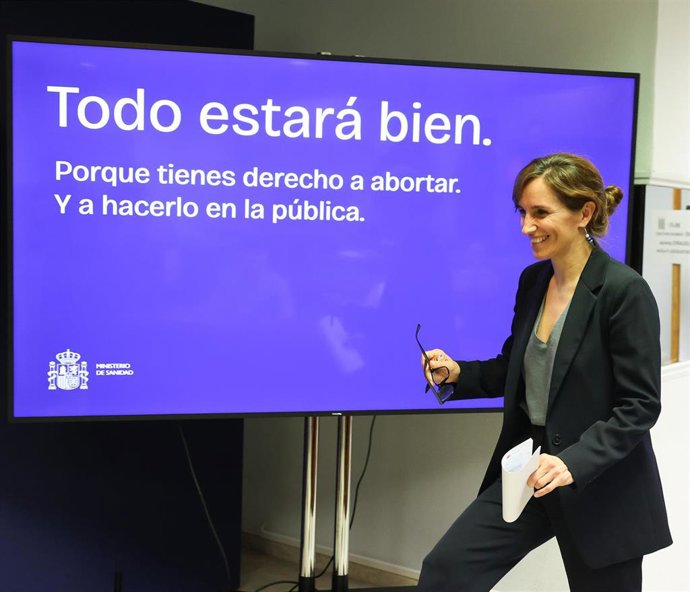 La ministra de Sanidad, Mónica García, durante la presentación de la campaña de interrupción voluntaria del embarazo, en el Ministerio de Sanidad, a 22 de septiembre de 2026, en Madrid (España).