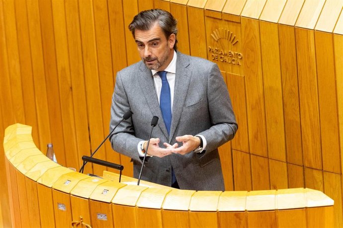 El conselleiro de Presidencia, Xustiza e Deportes, Diego Calvo, en el pleno del Parlamento de Galicia