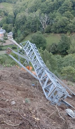 Estructura de la línea de alta tensión que colapsó y provocó el accidente a los dos trabajadores en Castañoso (León).