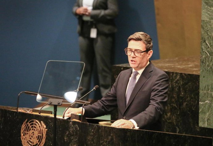 UNITED NATIONS, Sept. 23, 2026  -- British Prime Minister Andy Burnham speaks at the General Debate of the 81st session of UN General Assembly at the UN headquarters in New York, on Sept. 22, 2026.