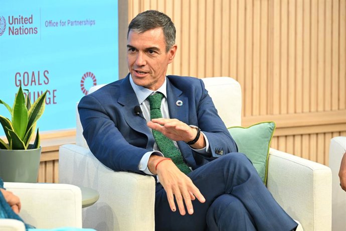 El presidente del Gobierno de España, Pedro Sánchez, en un encuentro acerca de los Objetivos de Desarrollo Sostenible (ODS) de la ONU