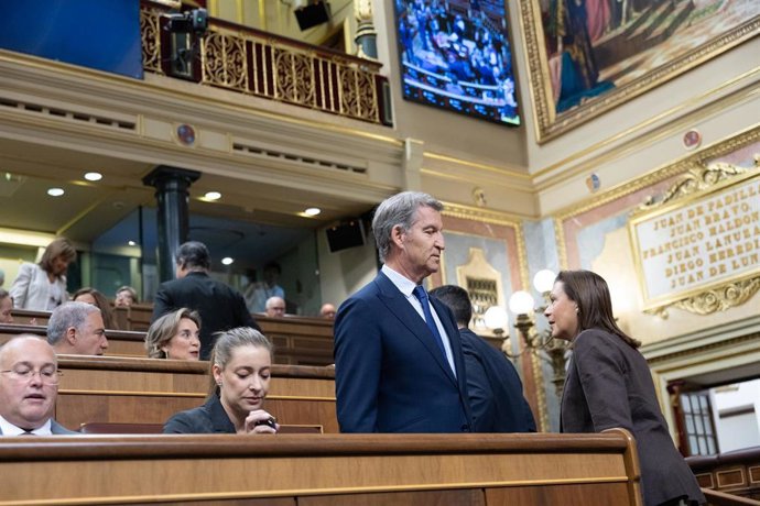 El presidente del PP, Alberto Núñez Feijóo, durante una sesión de control al Gobierno, en el Congreso de los Diputados, a 23 de septiembre de 2026, en Madrid (España). 