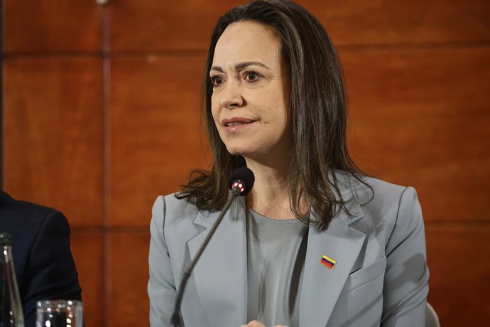 Santiago, 12 de marzo 2026.  La Premio Nobel de La Paz 2025 y opositora al gobierno venezolano Maria Corina Machado, de visita al cambio de Mando presidencial, entrega rueda de prensa desde el hotel  Sheraton Santiago  Diego Martin/Aton Chile