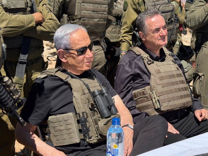 September 9, 2026, Northern Command, Israel: Israeli Prime Minister BENJAMIN NETANYAHU (L) and Defense Minister ISRAEL KATZ (R) observe operational activity from an IDF observation post on Mount Hermon near the Israeli Syrian border. The high level visit 