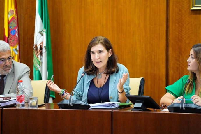 La consejera de Empleo, Empresa y Trabajo Autónomo de la Junta de Andalucía, Rocío Blanco, en la Comisión de Empleo, Empresa y Trabajo Autónomo en el Parlamento de Andalucía a 23 de septiembre.