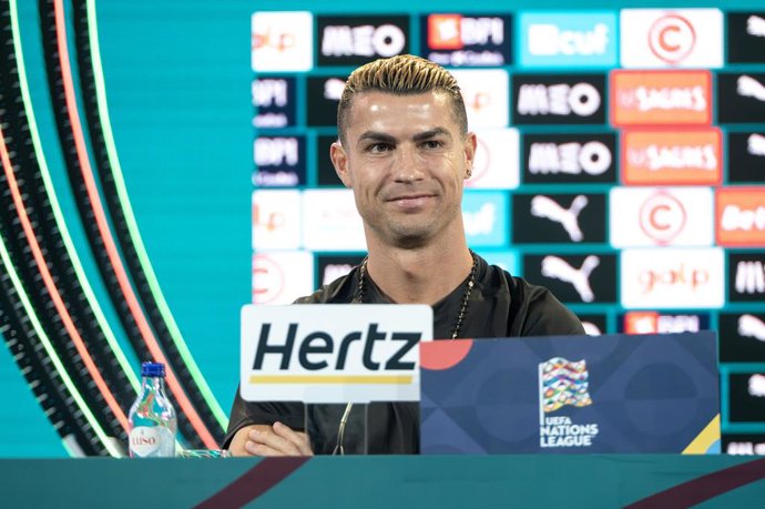 September 18, 2026, Lisbon, Lisbon, Portugal: Cristiano Ronaldo speaking during the pre-match press conference for Portugal vs. Wales at the Portugal Football Summit at the Cidade do Futebol in Oeiras.