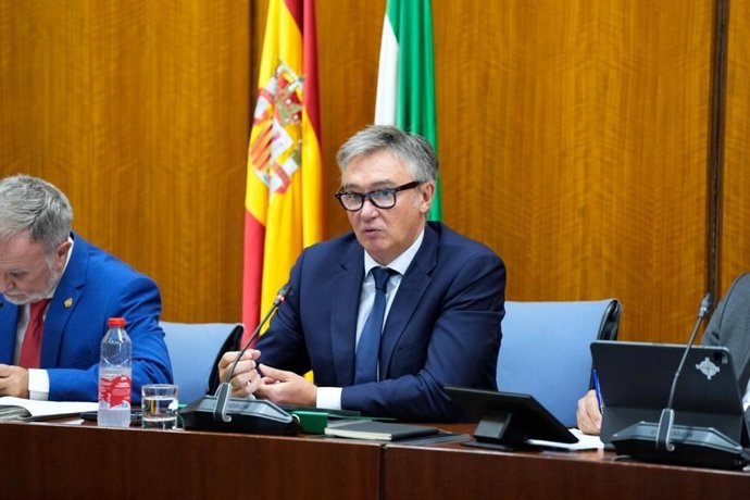 El vicepresidente segundo y consejero de Turismo, Justicia, Desregulación y Administración Local de la Junta de Andalucía, Manuel Gavira, comparece en comisión parlamentaria.