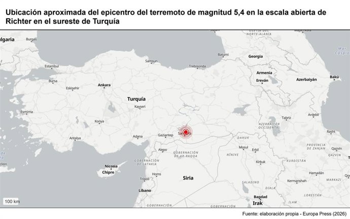 Archivo - Ubicación aproximada del epicentro del terremoto de magnitud 5,4 en la escala abierta de Richter en el sureste de Turquía