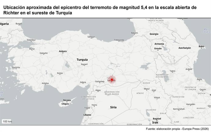 Archivo - Arquivo - Localização aproximada do epicentro do terremoto de magnitude 5,4 na escala aberta de Richter, no sudeste da Turquia