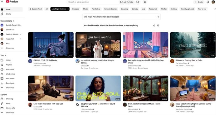 Funcionalidade de “feeds” personalizados no YouTube.