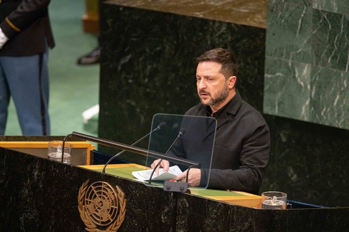 23 de setembro de 2026, Nova York, EUA: O presidente ucraniano Volodymyr Zelenskyy discursa no Debate Geral, no segundo dia da 81ª sessão da Assembleia Geral das Nações Unidas, na sede da ONU, em Nova York.