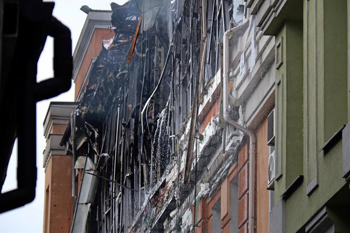September 23, 2026, Kyiv, Ukraine: A building facade, partially destroyed and scorched in a Russian drone attack, is seen in the Shevchenkivskyi district of Kyiv, Ukraine, on September 23, 2026