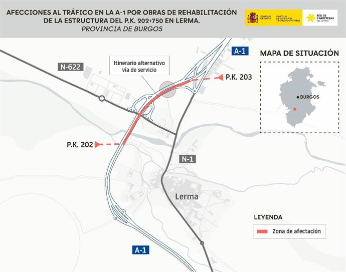Mapa de la parte de la A-1 afectada por las obras y los desvíos.