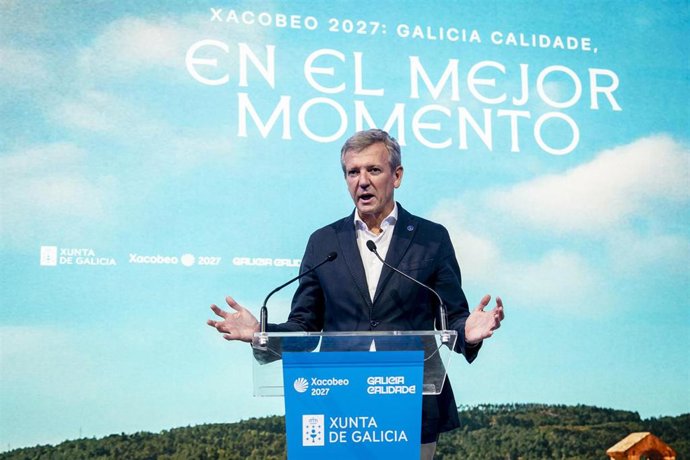El presidente de la Xunta de Galicia, Alfonso Rueda, durante la presentación de la campaña de promoción del Xacobeo 2027 en el Espacio TeamLabs MadriD, a 25 de septiembre de 2026, en Madrid (España). 