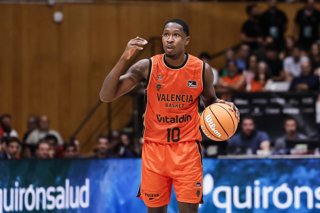 Omari Moore of Valencia Basket gestures during the Supercopa Endesa basketball Semi-Finals match played between Valencia Basket and FC Barcelona at Palau Olimpic Badalona on September 19, 2026 in Badalona, Barcelona, Spain.