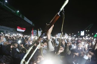 SANAA, Sept. 12, 2026  -- Yemenis who support the Houthi group shout slogans during a night rally, showing support for control of the Mocha port region, at Al-Saben Square in Sanaa, Yemen, on Sep. 11, 2026. Yemen's Houthi group seized Yemen's entire weste