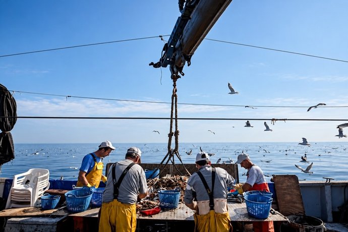 Archivo - Pescadores durante una jornada de trabajo a bordo de una embarcación.
