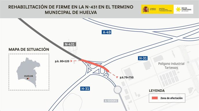 Transportes avanza en la rehabilitación de firme de la N-431 en Huelva, con un presupuesto de 1,5 millones