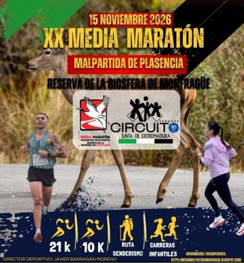 Cartel de la XX Media Maratón de Monfragüe, que se celebra el 15 de noviembre de 2026.