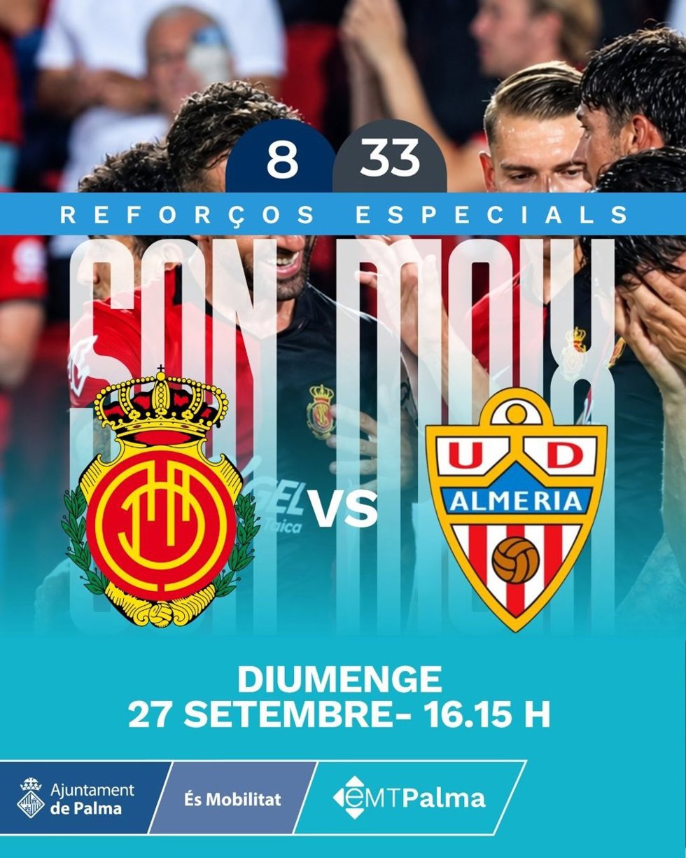 Cartel promocional de los refuerzos de la EMT para el RCD Mallorca-UD Almería.