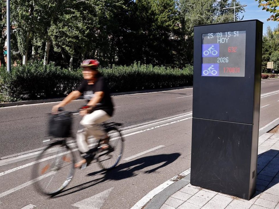 Una bicicleta y uno de los aforadores de bicis y VMP de Valladolid.