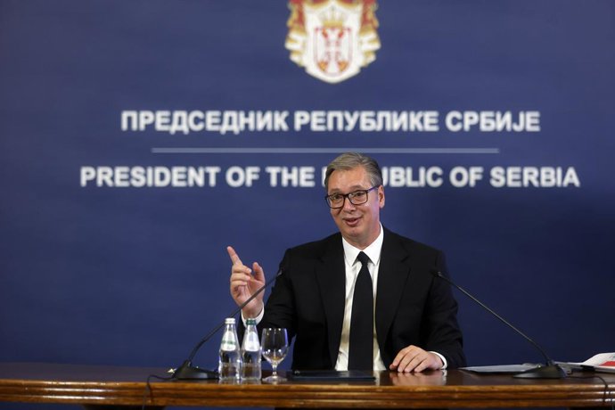 BELGRADE, Sept. 27, 2026  -- Serbian president Aleksandar Vucic speaks during a press conference in Belgrade, Serbia, Sept. 27, 2026. Aleksandar Vucic signed and submitted his resignation on Sunday, stepping down as president.