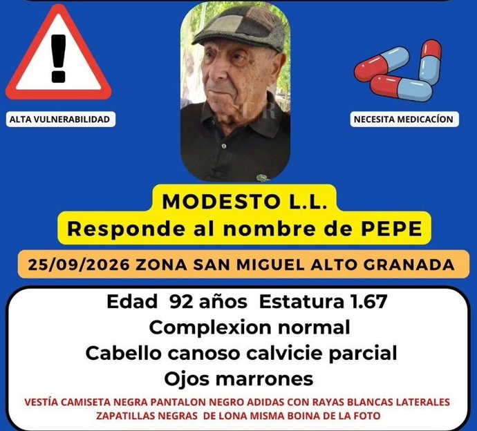Cartel distribuido que alerta de la desaparición de Pepe, de 92 años, el pasado viernes en la zona de San Miguel Alto, en Granada capital.