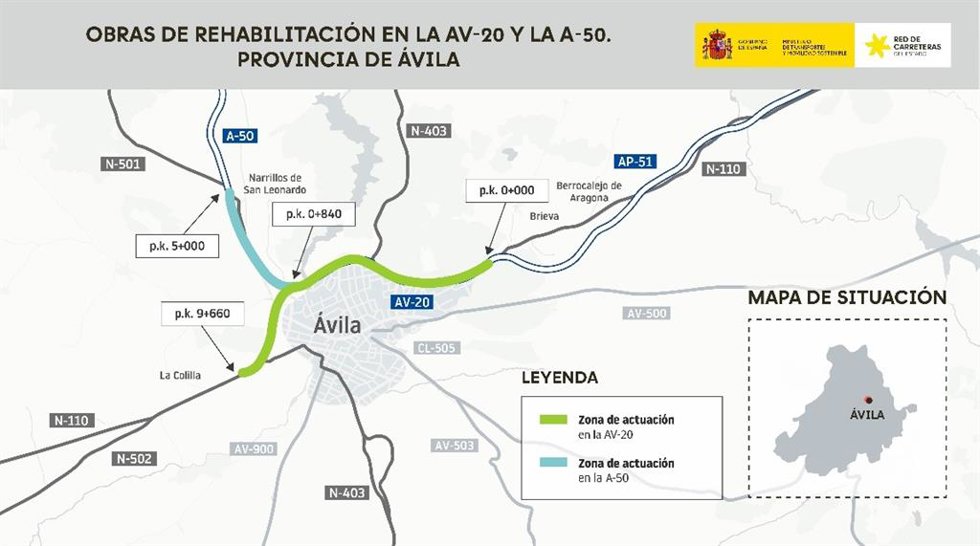 Transportes licita por 8,5 millones la rehabilitación del firme de la AV-20 y la A-50 en Ávila.