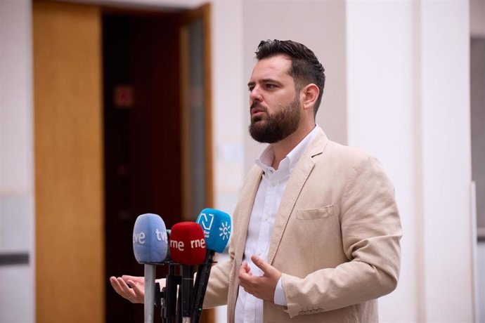 El secretario adjunto de Organización del PSOE-A, Alejandro Moyano, atiende a los medios en el Parlamento andaluz.