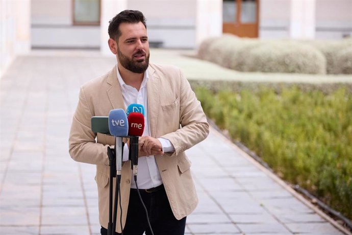El secretario adjunto de Organización del PSOE-A, Alejandro Moyano, atiende a los medios en el Parlamento andaluz.