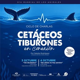 Cartel divulgativo sobre el ciclo de charlas 'Cetáceos y tiburones en conexión', ofrecido por la Casa de la Ciencia y el Acuario de Sevilla.