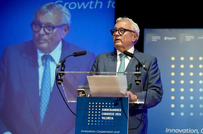 El presidente de la Cámara de Comercio de la República Checa, Vladmir Dlouh, interviene durante la inauguración del Congreso Europeo de Cámaras de Comercio, Eurochambres Congress 2026